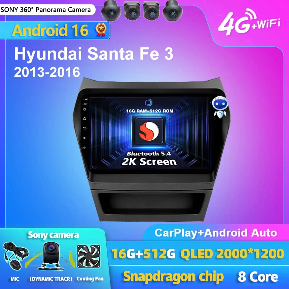 Autoradio Android 15 with Carplay and Screen 2K for Hyundai Santa Fe 3 (2013-2016) - Multimedia GPS Stereo