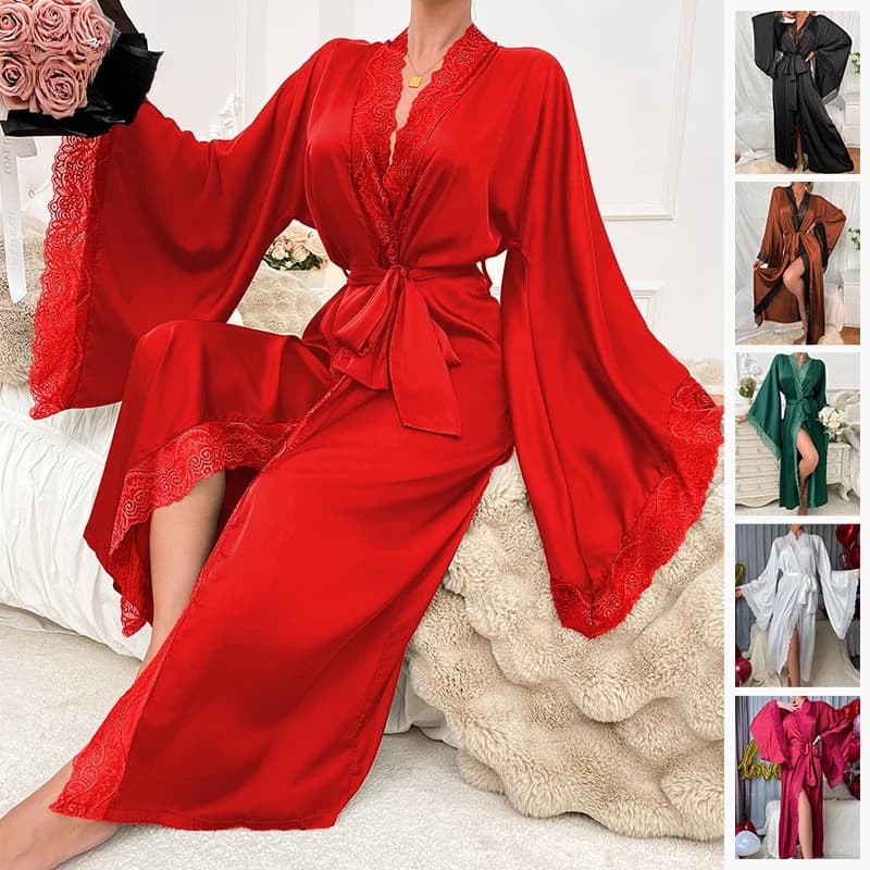 Abito lungo da donna in raso di lusso leggero – Indumenti da notte per la casa con maniche lunghe e tocco rinfrescante, accappatoio elegante di nuovo arrivo