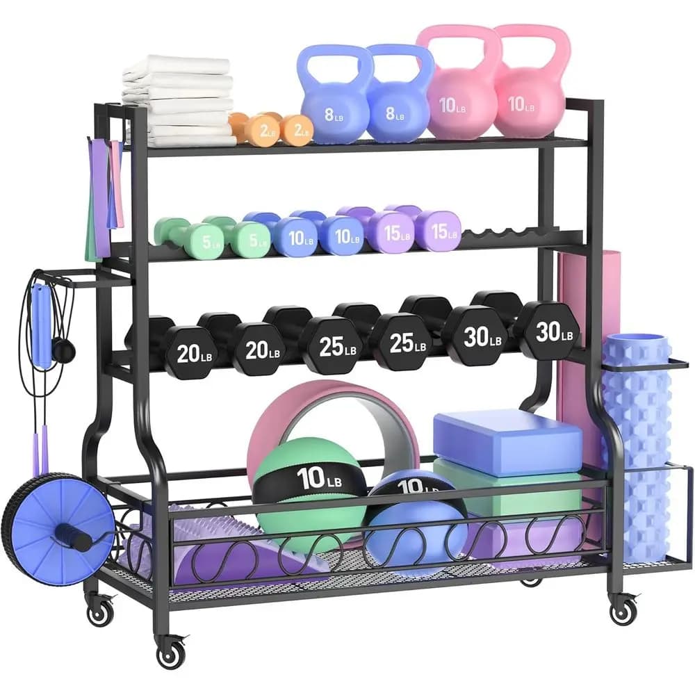 Rack porta manubri regolabile in acciaio con ruote e ganci, organizer multiuso per manubri, kettlebell, tappetini yoga, uso domestico e palestra