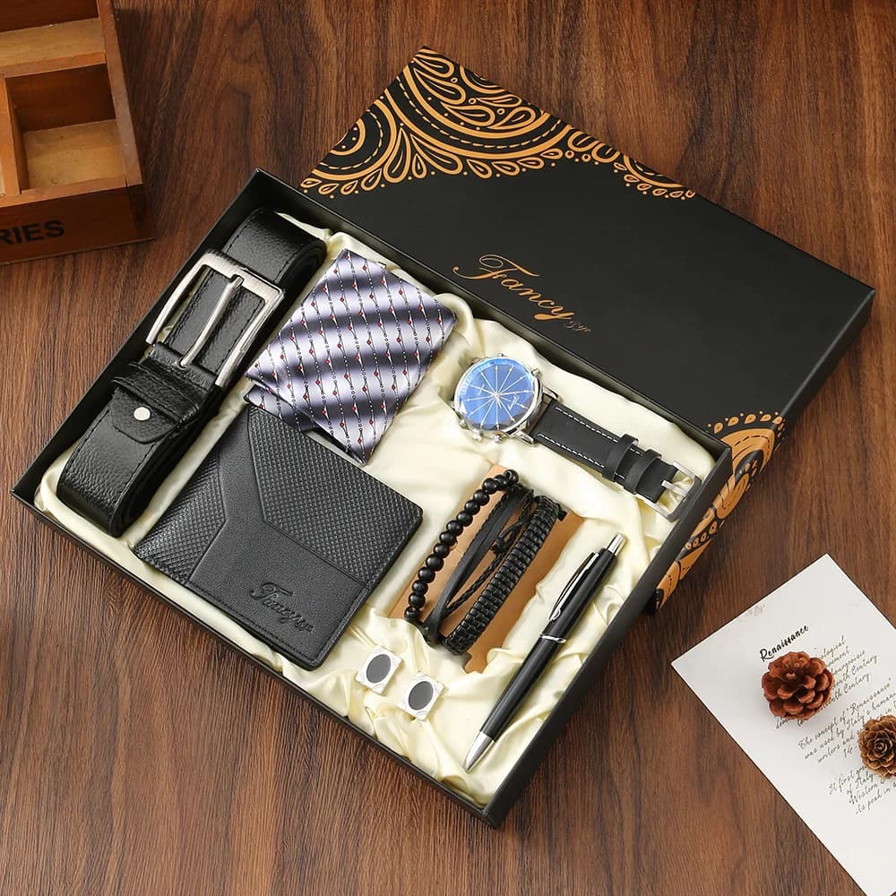 New men's gift set with box bracelet cravatta twins ballpoint pen belt and wallet set for man boyfriend son father husband gifts