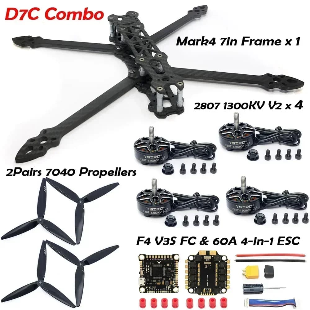 Telaio in fibra di carbonio MARK4 da 7 pollici con interasse di 295 mm, braccio da 5 mm, motore brushless 2807 1300KV, elica da 7 pollici per drone FPV a lungo raggio da 7 pollici.