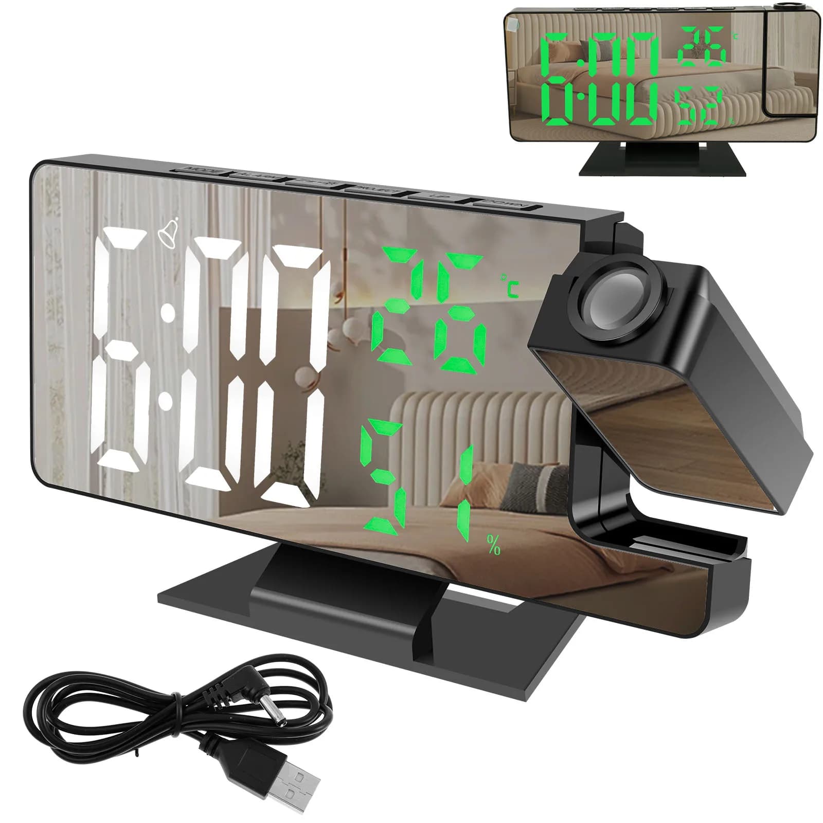 Sveglia digitale a LED Orologio da proiezione con 180 ° Orologio da proiezione con schermo grande a specchio per proiettore girevole per tavolo da ufficio domestico