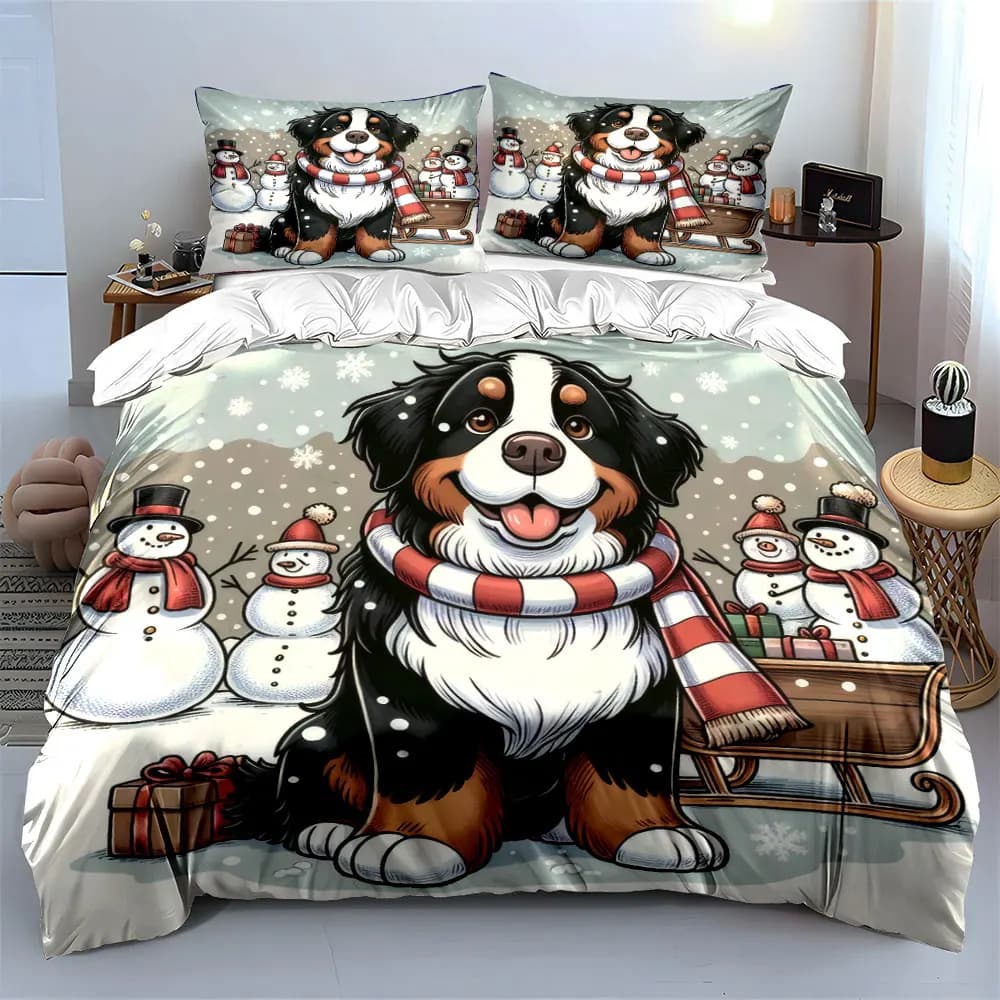 A cozy dog in a snowy scene with snowmen and gifts Print Duvet Cover Bedding Set Included 1*Duvet Cover 2*Pillowcases