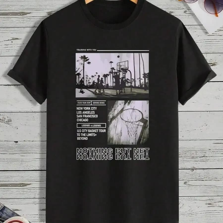 T-shirt grafica nera da basket da uomo, estiva, a maniche corte, unisex, streetwear