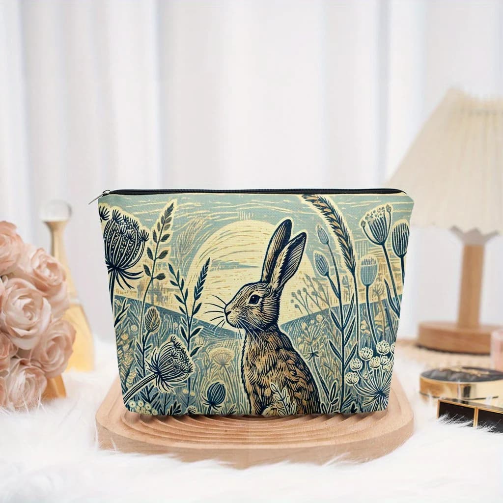 Borsa per cosmetici da 1 pezzo con motivo illustrativo con coniglio selvatico e piante di campo - Borsa multifunzionale con cerniera per donna, perfetta borsa da viaggio con cerniera, divertente regalo di compleanno