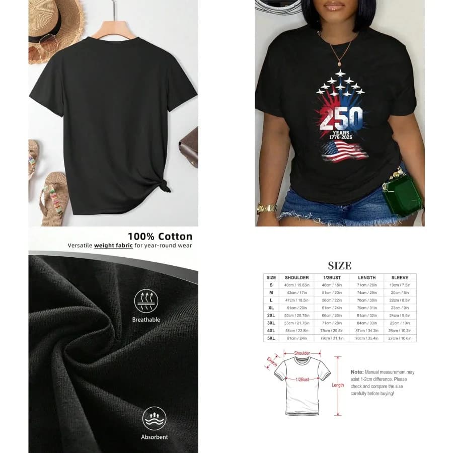 【Nuovo stile】T-shirt patriottica USA 100% cotone, 250° anniversario dell'indipendenza americana 1776-2026, 4 luglio, per uomo e donna, T-shirt per le vacanze Brea