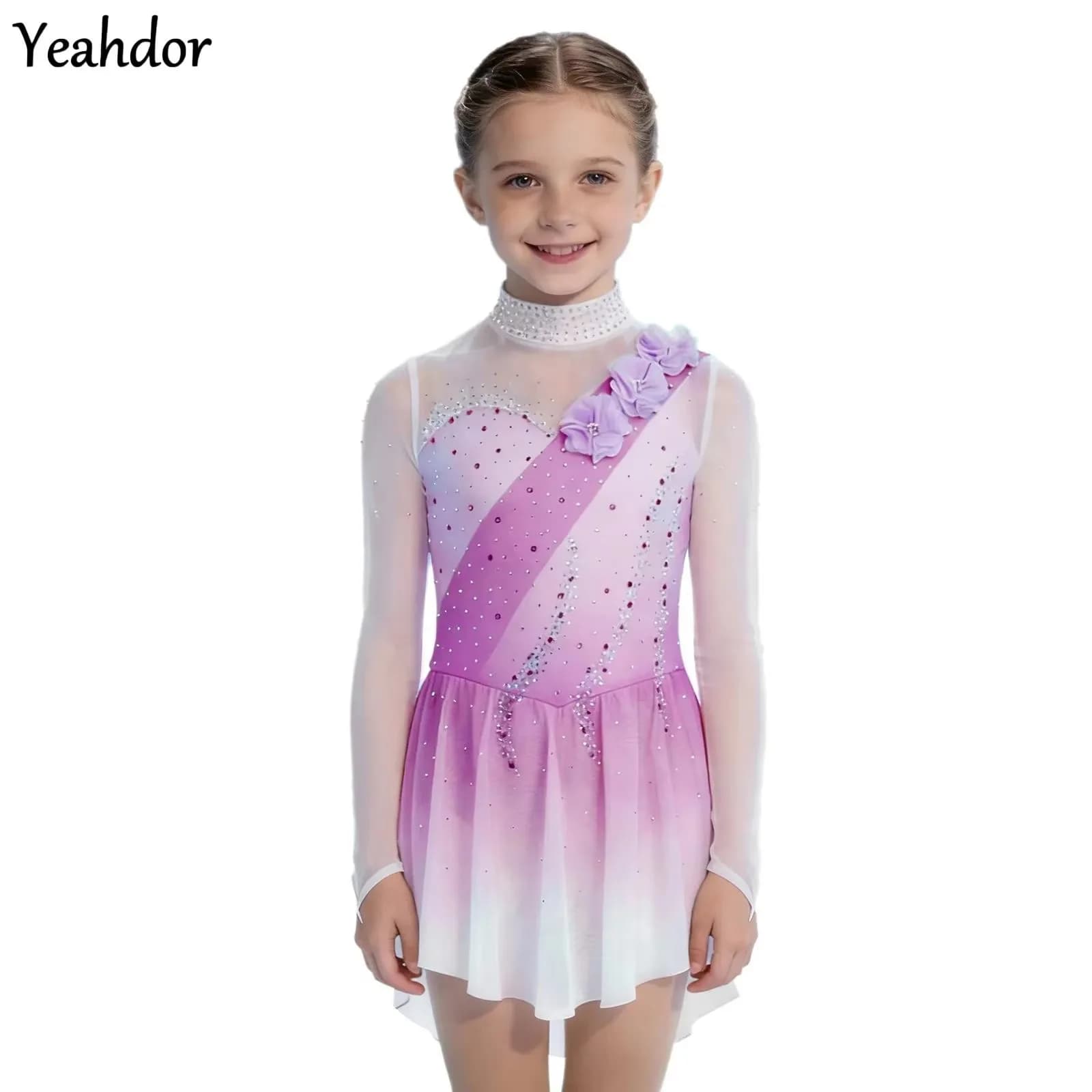 Ragazze Ginnastica Balletto Tutu Body Vestito Sheer Mesh Maniche Lunghe Fiori 3D Strass Sfumatura di Colore Figura Pattinaggio Su Ghiaccio Vestito