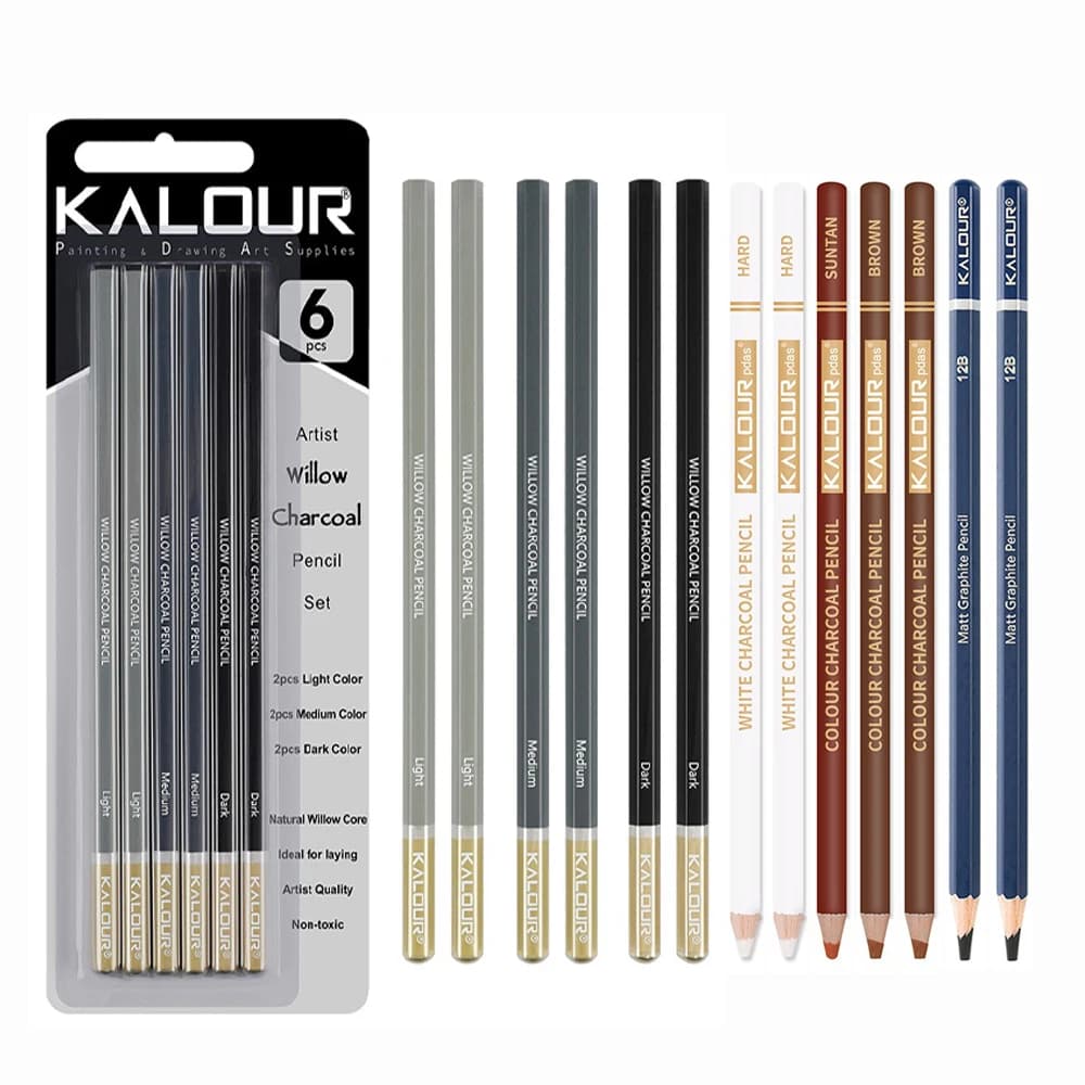 Kalour Pro Charcoal Pencil Set 6/12 Premium Artist Grade Eco-Friendly Wood Sketch Pencils, Drawing Blending Shading Art Students