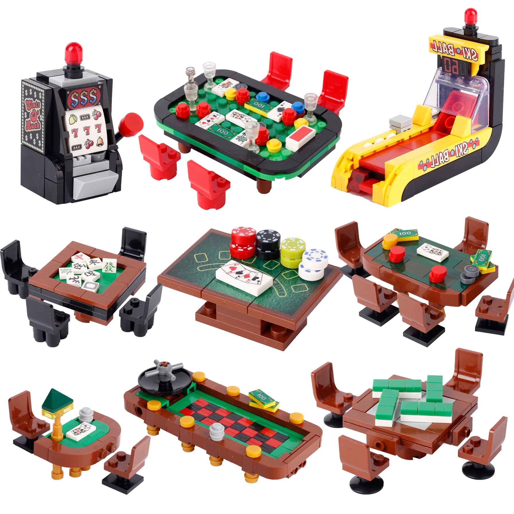 MOC City Poker Tavolo Building Blocks Slot Palla da sci Console di gioco Carte di scacchi Macchina da gioco Scena della stanza Mattoni Giocattoli Regalo