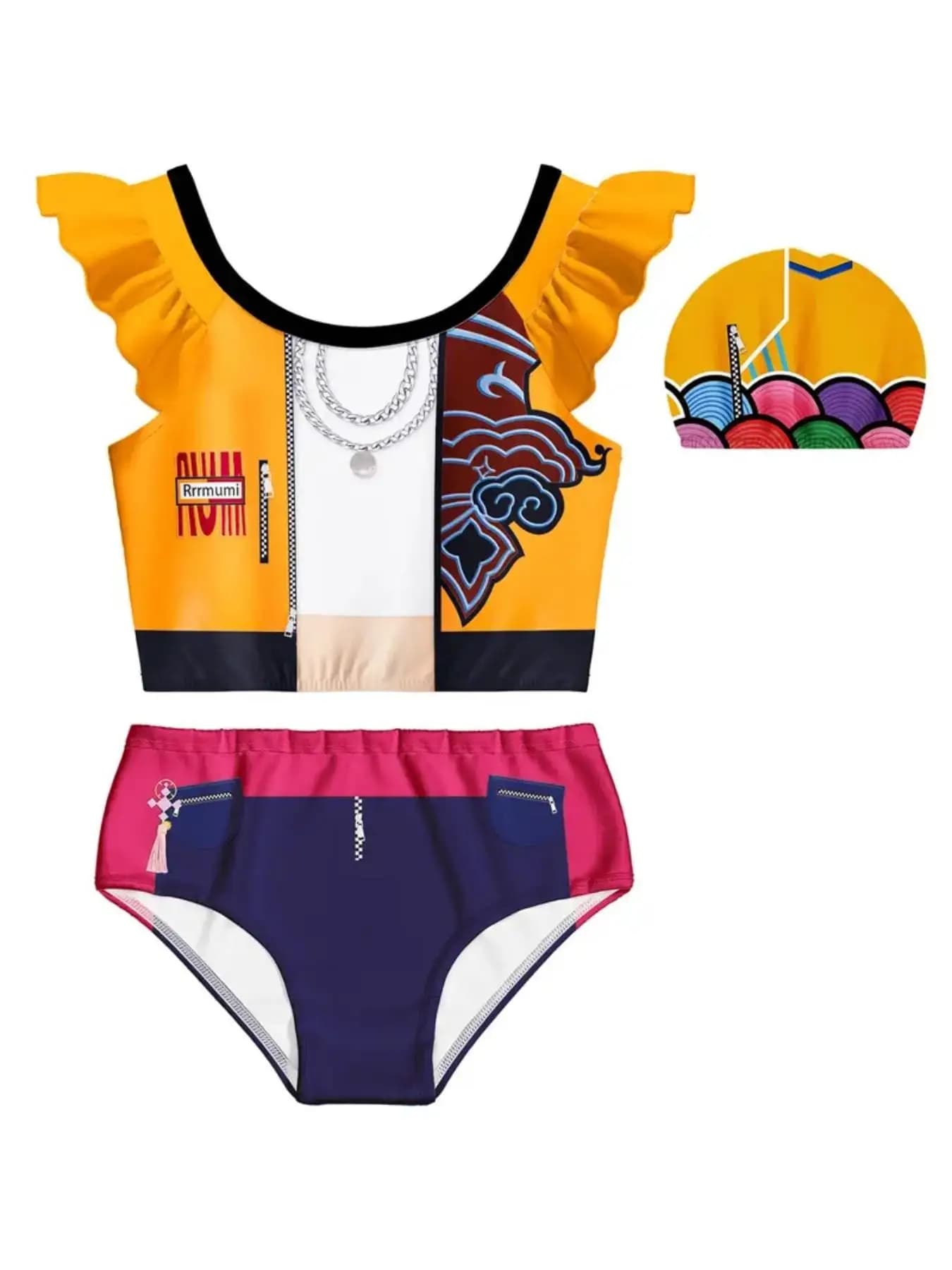 Abbigliamento per bambini Set costume da bagno per bambina con stampa di cartoni animati Costume da bagno estivo per ragazza per vacanze al mare Costume da bagno per bambini con volant carino + pantaloni + cappello Set in tre pezzi adatto per ragazze di età compresa tra 4 e 11 anni