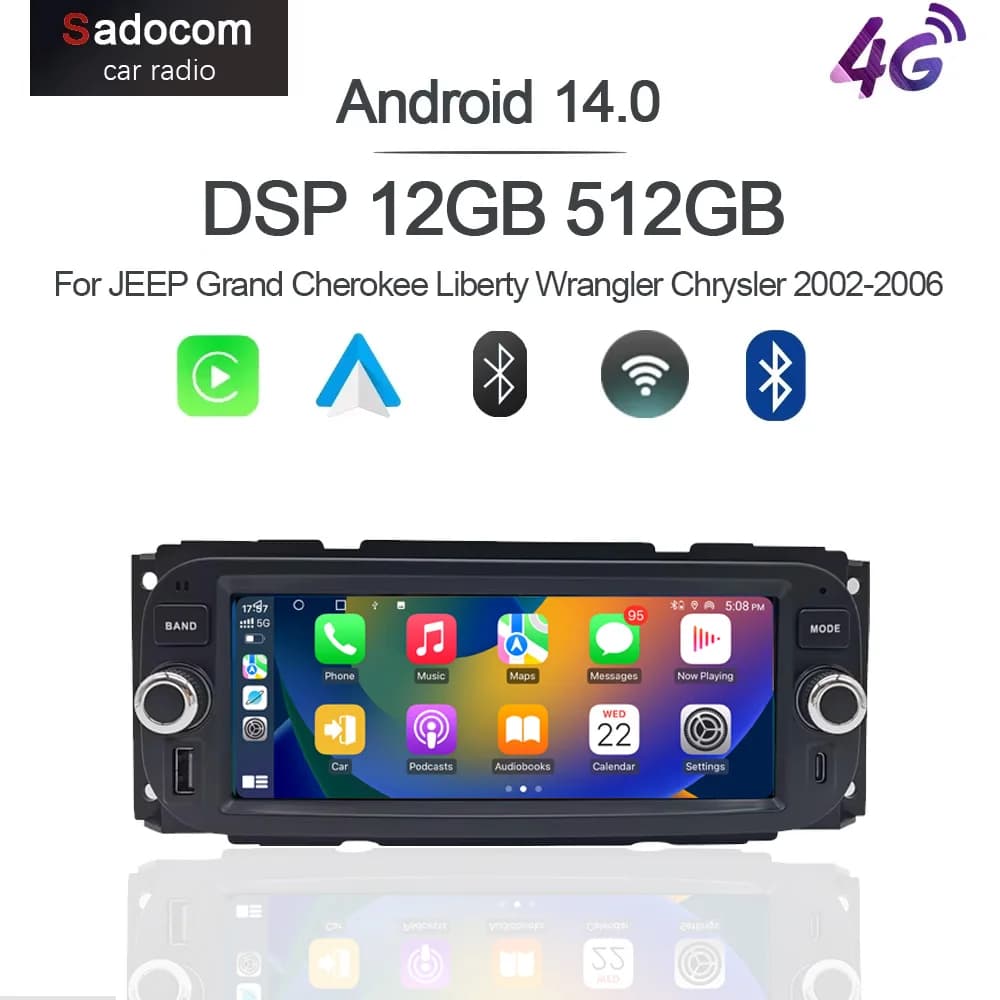 Carplay Android 14 8G + 128G Lettore per auto multimediale autoradio GPS WIFI Per JEEP Grand Cherokee Liberty Wrangler Chrysler 2002-2006