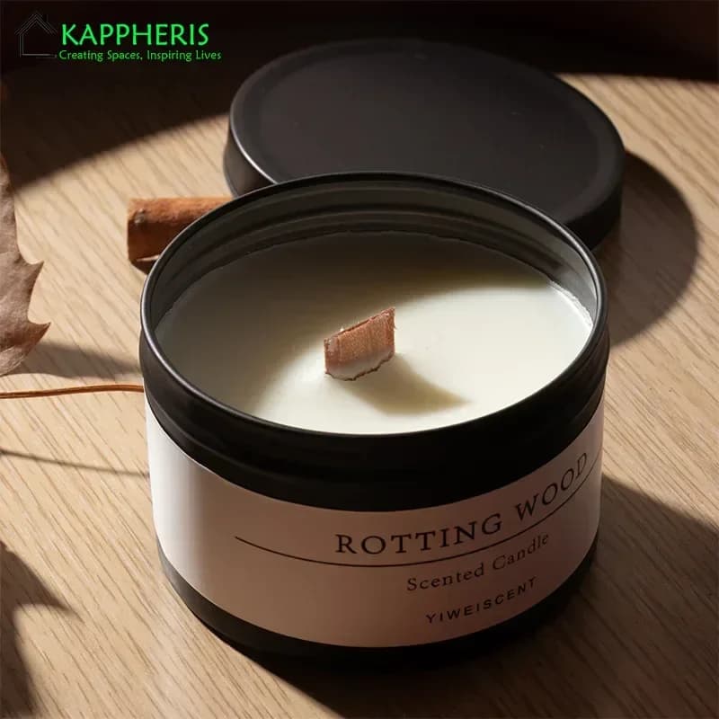Candele aromatiche profumate in lattina nera Barattoli per candele con stoppino in legno con coperchio Candele decorative classiche per la casa Fiori secchi