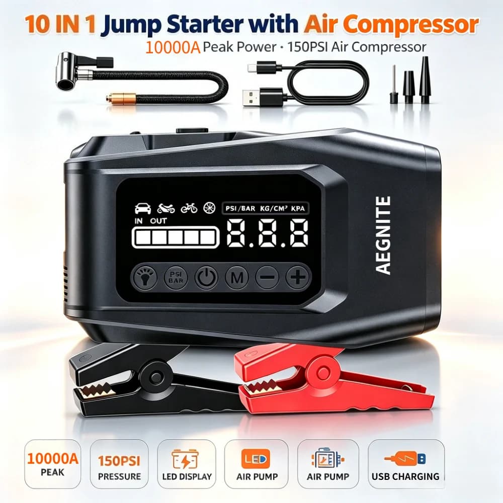 Avviatore d'Emergenza 5-IN-1 per Auto con Pompa d'Aria, Potenza di Picco 5000A, Compressore d'Aria 150PSI, Power Bank Portatile, Gonfiatore Pneumatici