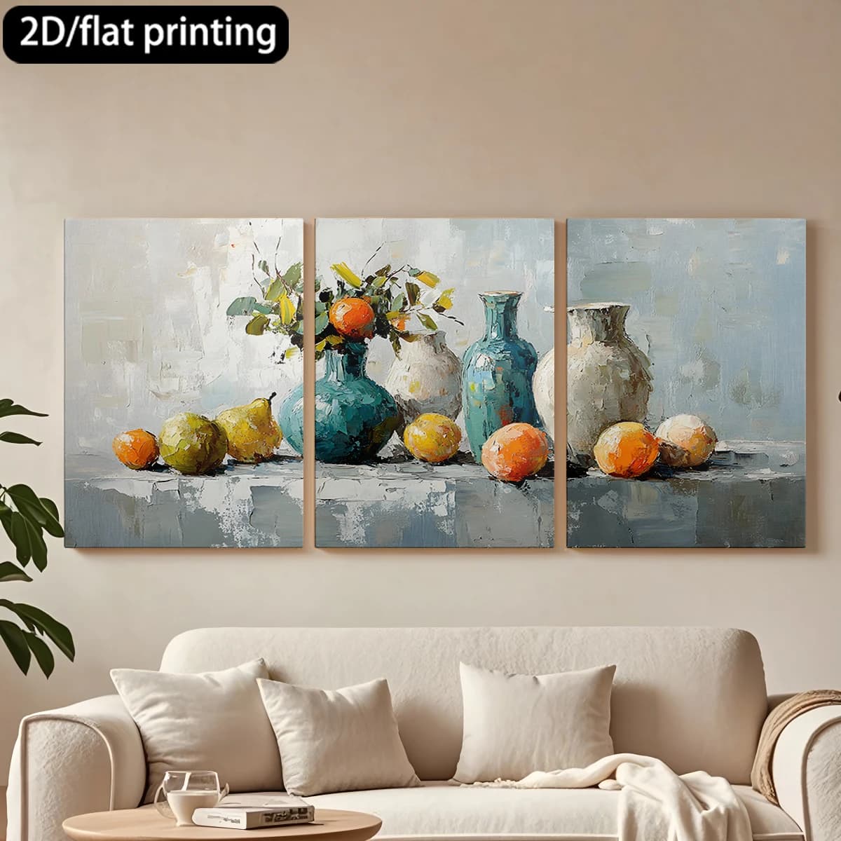 Stampa piatta 2D, quadro decorativo su tela con cornice in legno a 3 pezzi. Natura morta, vasi e frutta. Decorazione per corridoio e camera da letto.