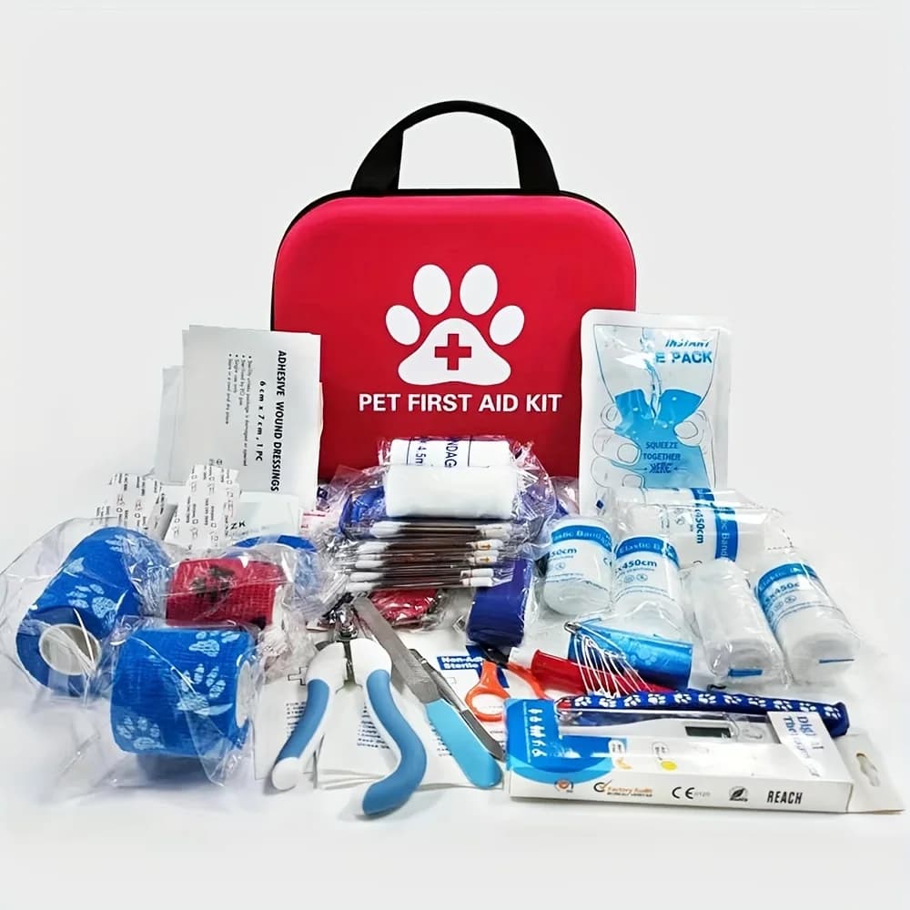 127 Compact first aid kit for dogs and cats with emergency supplies and first aid manual for pets for excursions, camping and hunting