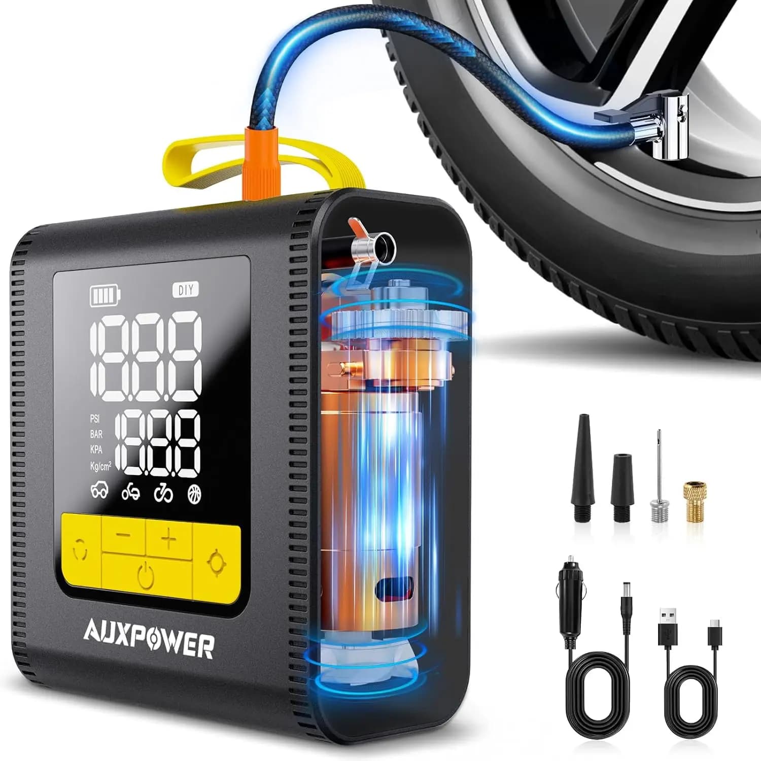 Pompa di gonfiaggio per pneumatici portatile a LED 12V Spegnimento automatico 150 PSI per pneumatici per auto e articoli gonfiabili Lavaggio e manutenzione automatica