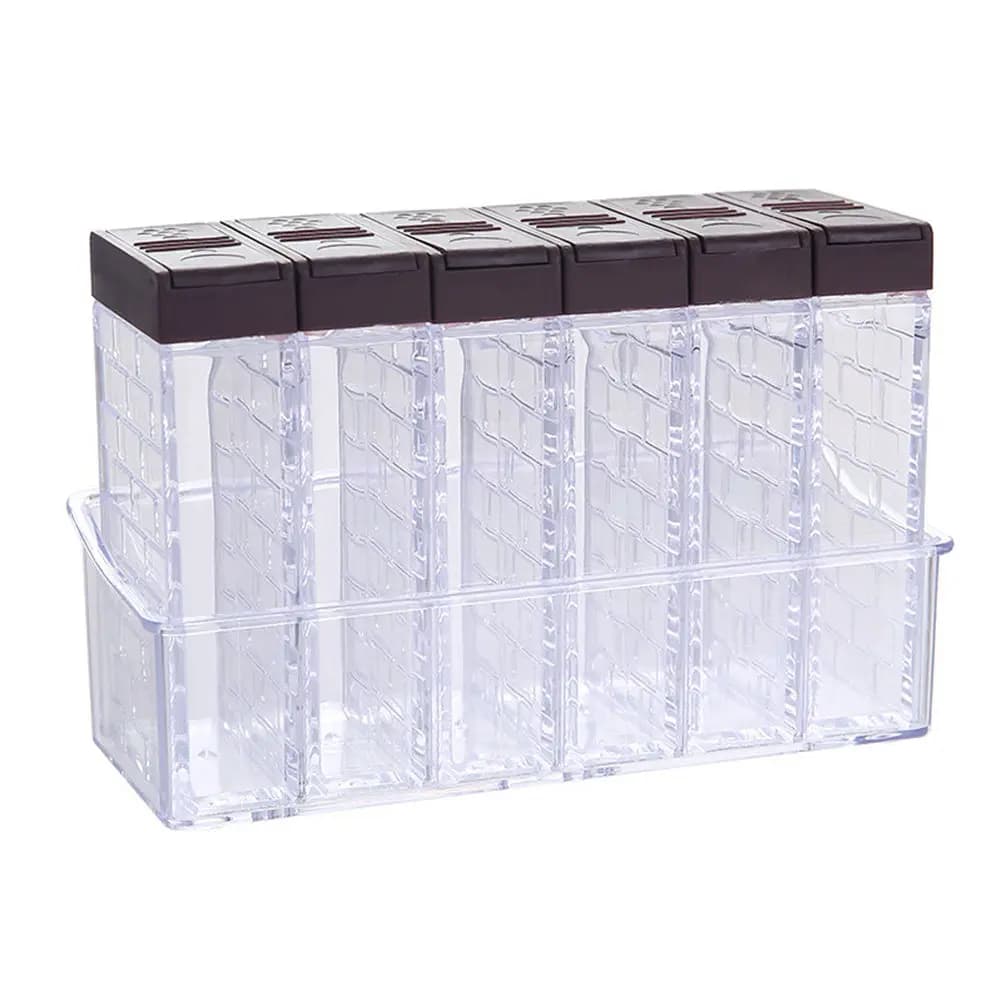 6-Case Seasoning Box Set Transparent Double-Outlet Lid Kitchen Storage Organizer for Salt Pepper Powder Condiment Containers