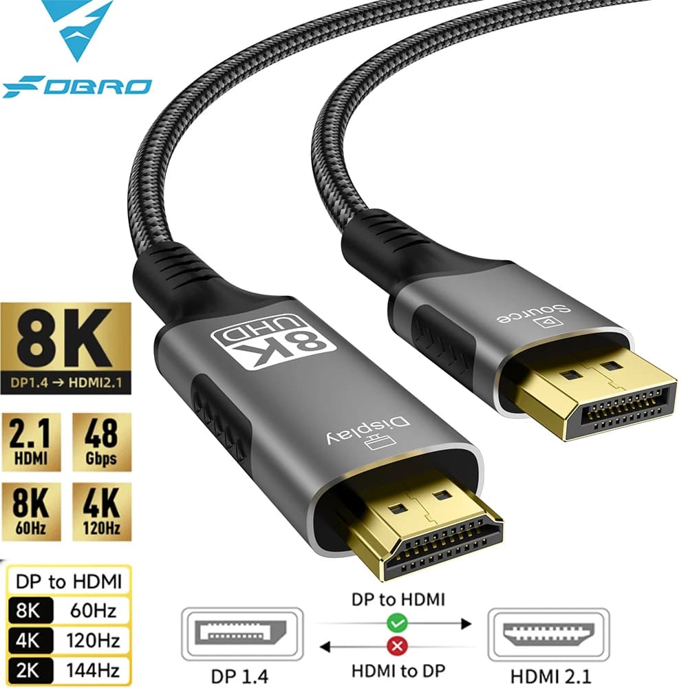DP1.4 to HDMI 2.1 Converter DisplayPort to HDMI-Compatible Cable 8K@60Hz 4K@120Hz HDR For Desktop Laptop PC TV Monitor Projector