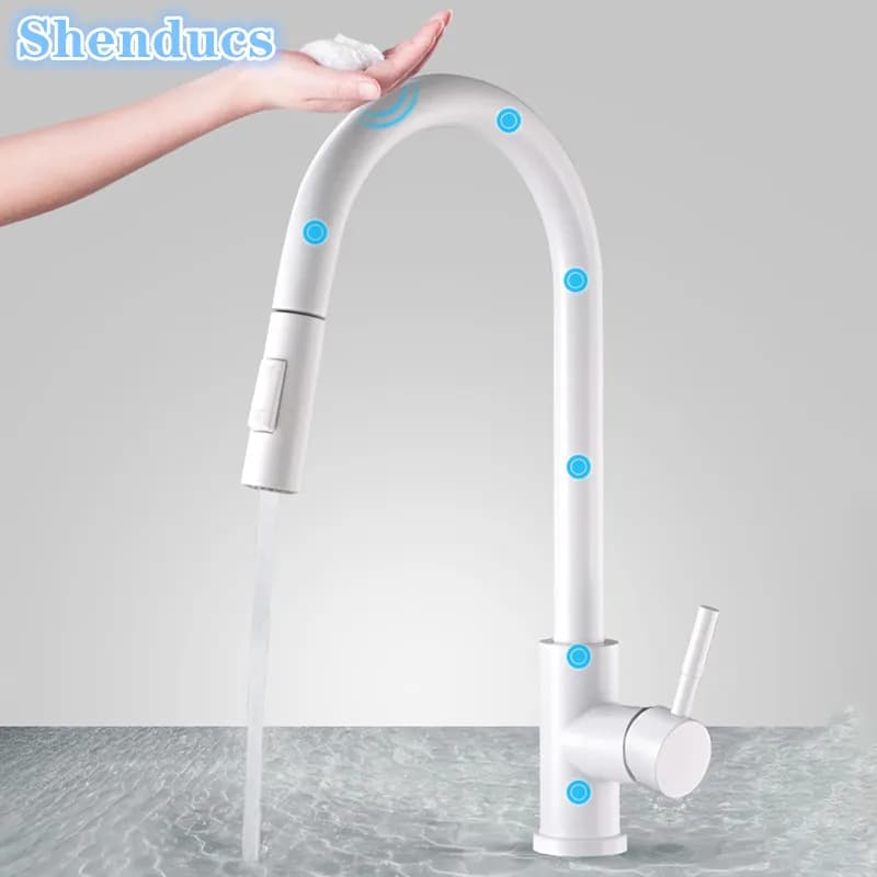Rubinetti per lavello da cucina touch-on bianchi con spruzzatore estraibile Miglioramento domestico Miscelatore per lavello da cucina caldo freddo Rubinetto da cucina touch