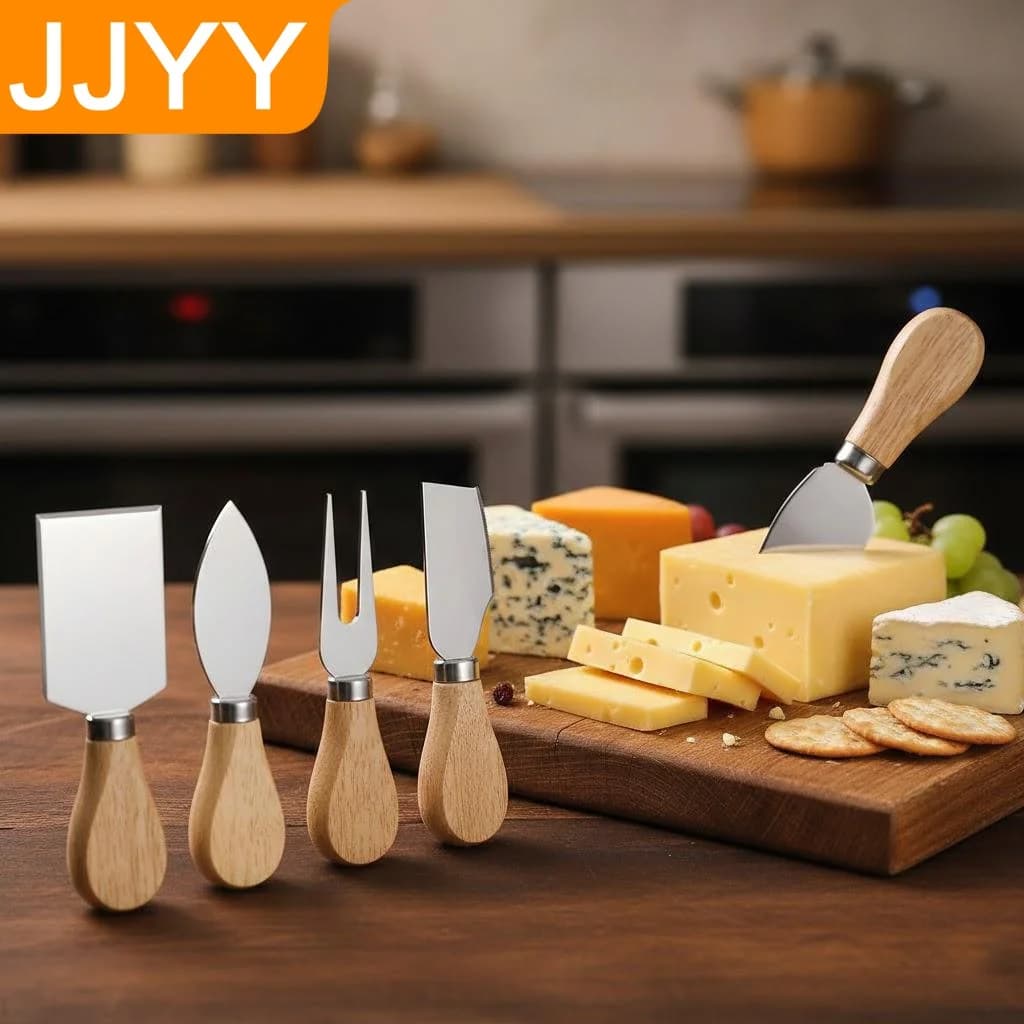 Set of 4 Stainless Steel Kitchen Tools: Cheese knife, Burro spatula, Mini Pie knife in Quercia