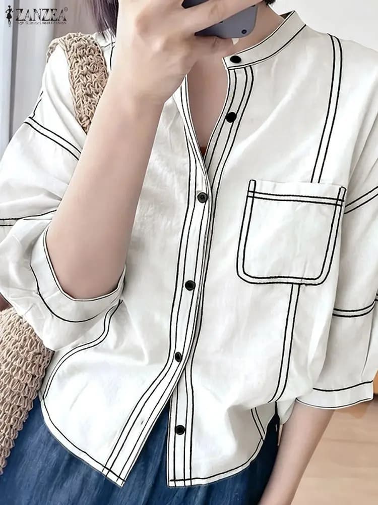 ZANZEA Camicie da donna Casual Partchwork Camicetta 2025 Moda Manica 3/4 Tunica allentata Top Autunno Tasca Bottoni Street Coreano Blusas