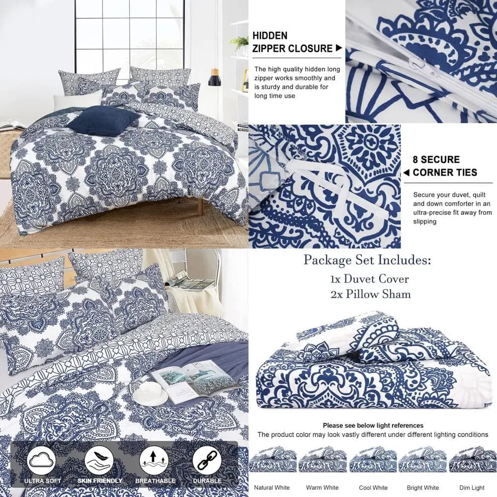 Set Royal and White Blue Cover with Paisley Pattern, King Size, 3 Pieces, Comfortable Rustic Style with 2 Loyalty, Hinge and 8 Laces