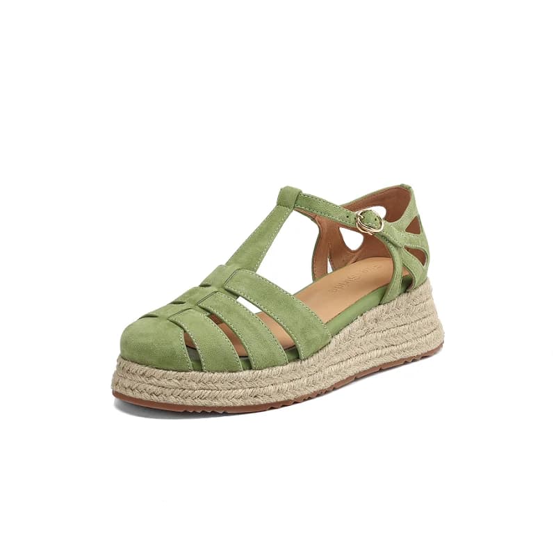 Sandali con zeppa in pelle scamosciata da donna Scarpe con plateau spesso in pelle scamosciata di pecora con tacco Sandali con espadrillas in canapa estiva da donna Scarpe con cinturino a T