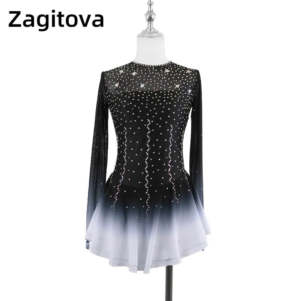Abito da pattinaggio artistico ZAGITOVA per donne e ragazze vestiti da pattinaggio su ghiaccio a maniche lunghe gradiente bianco e nero con strass