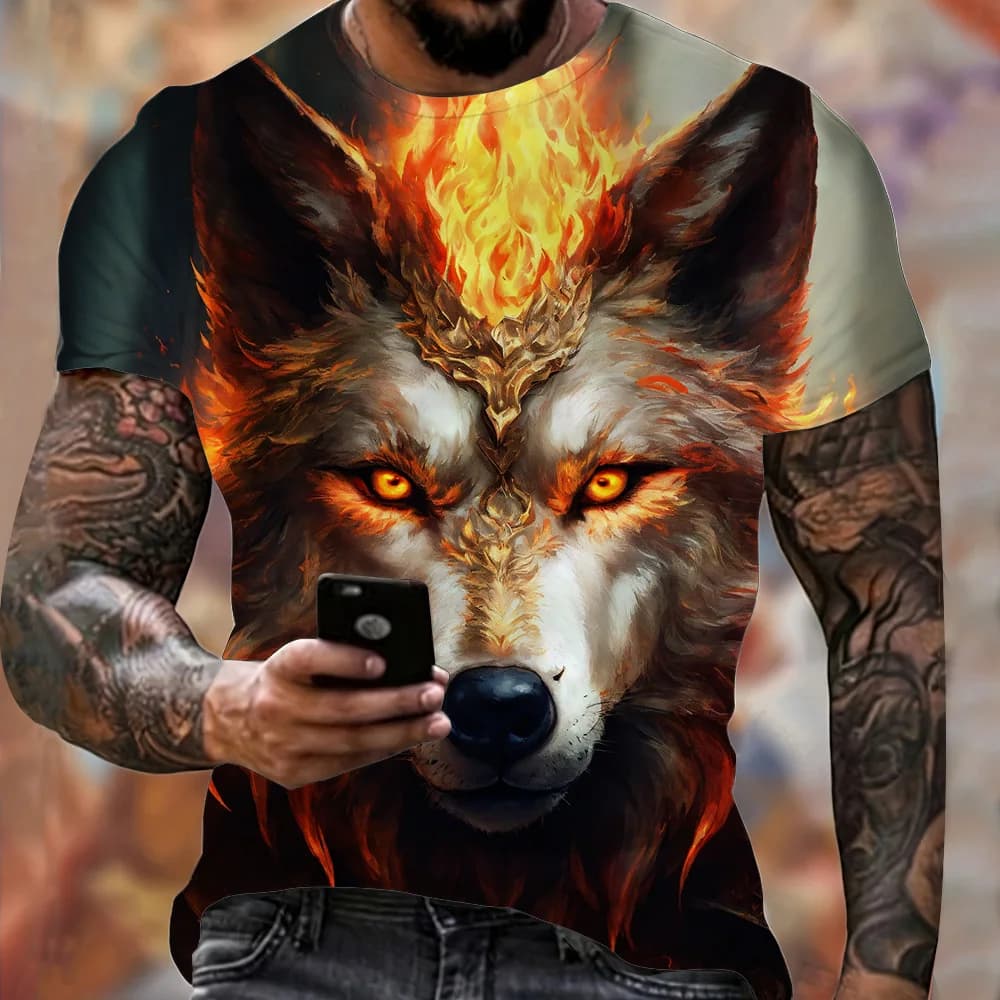 Animal Harajuku Graphic Print T-Shirt Fashion Wolf Pattern Short Sleeve Summer 2024 Men's Clothing Breathable Fitness T-Shirts