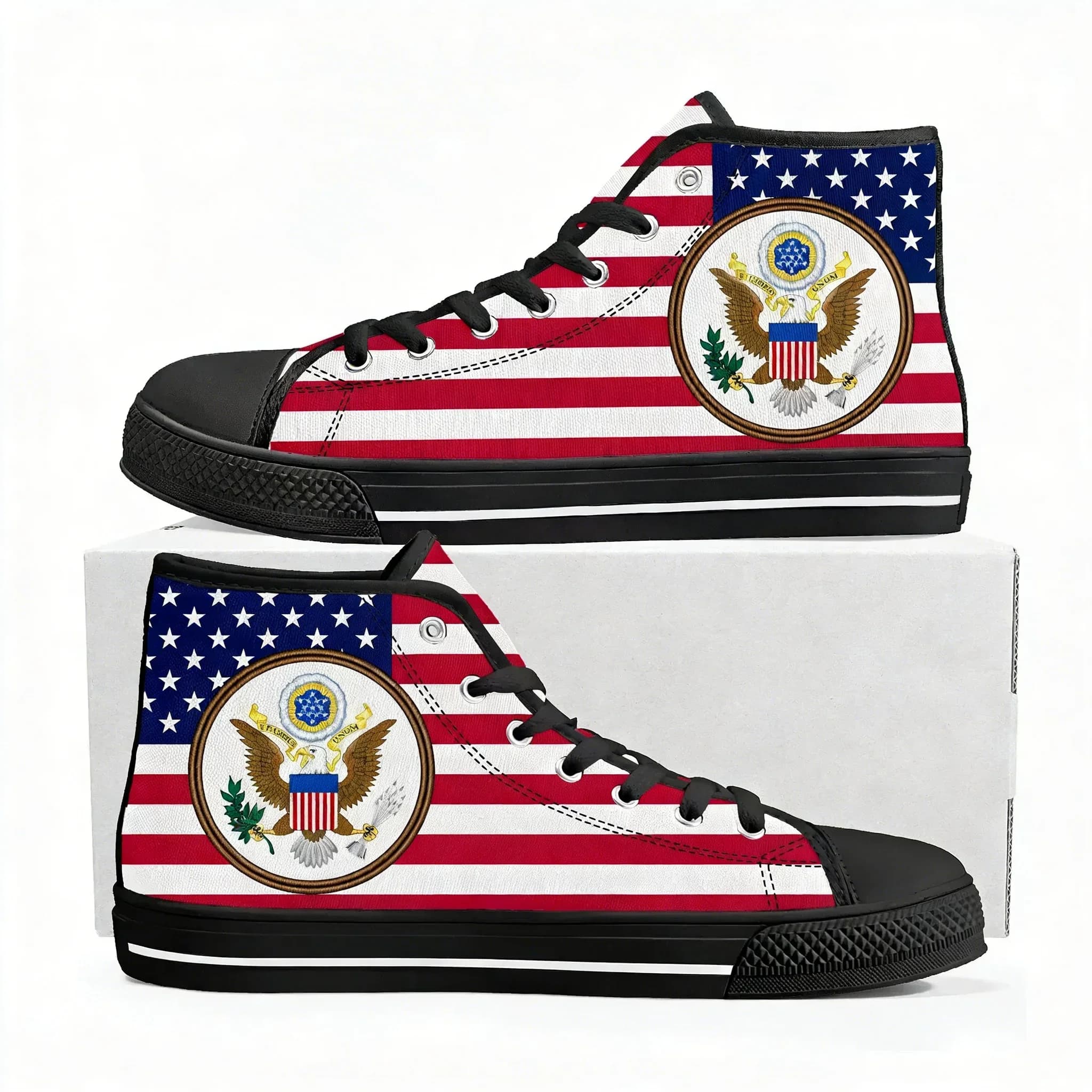 Sneakers alte in tela con bandiera USA, design artistico rosso, blu e bianco, da uomo e da donna, scarpe casual per coppia, personalizzabili