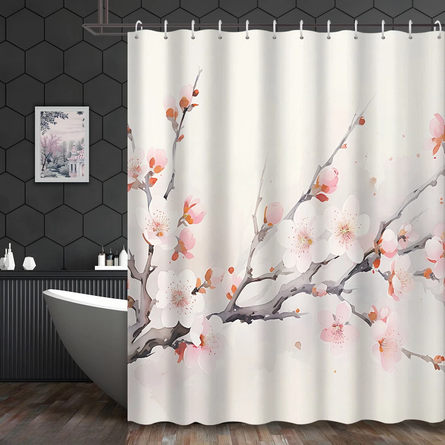 1 tenda da doccia con motivo a fiori di ciliegio ad acquerello, tessuto in poliestere, lavabile in lavatrice, adatta per il bagno