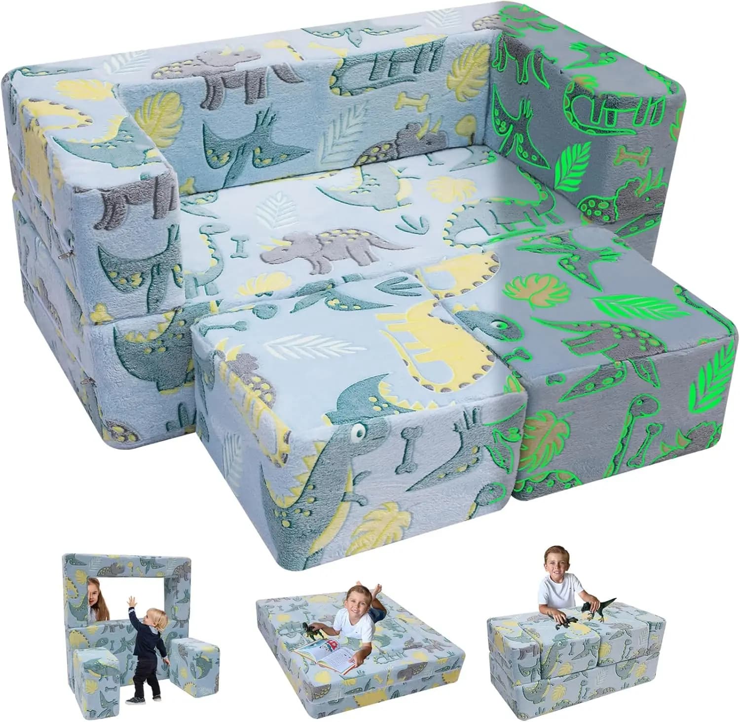Divanetto per bambini con dinosauro che si illumina al buio: divano da gioco pieghevole per bambini, divano letto convertibile in schiuma con rivestimento lavabile