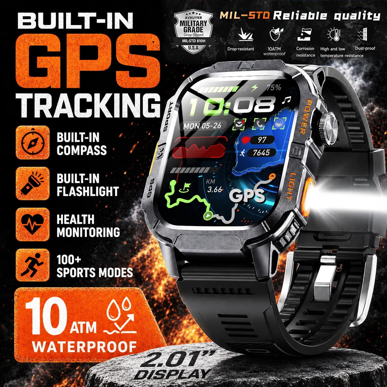 Built-in Precise GPS Military Smart Watch 2.01"AMOLED Display Compass 10ATMWaterproof Flashlight 100+Sport Durable Watch Unisex