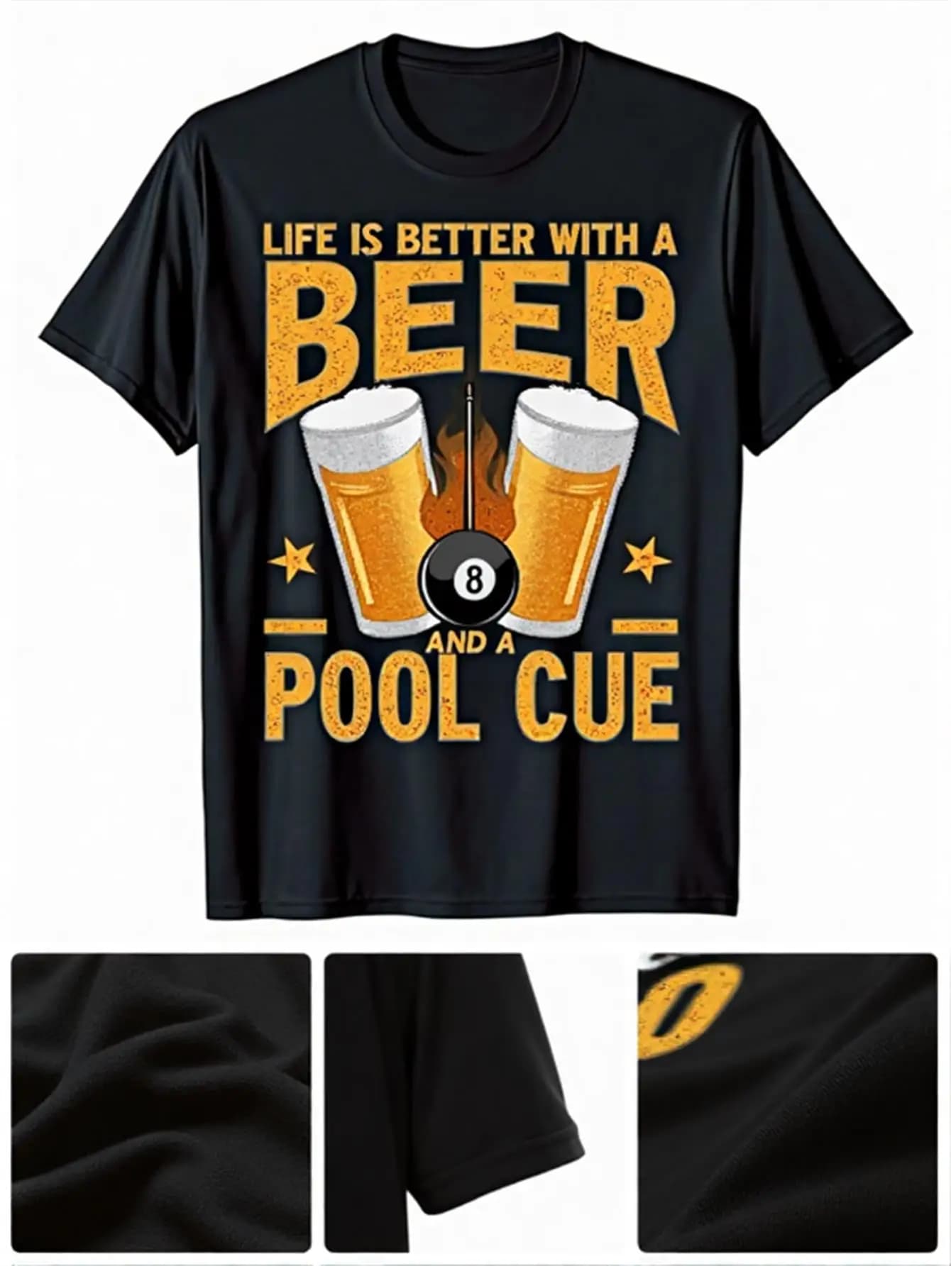 T-shirt con design numero 8 con tazza da birra e stecca da biliardo, top casual a maniche corte girocollo in cotone 100% adatto per feste in piscina, bar e abbigliamento quotidiano, un regalo divertente per i giocatori in piscina