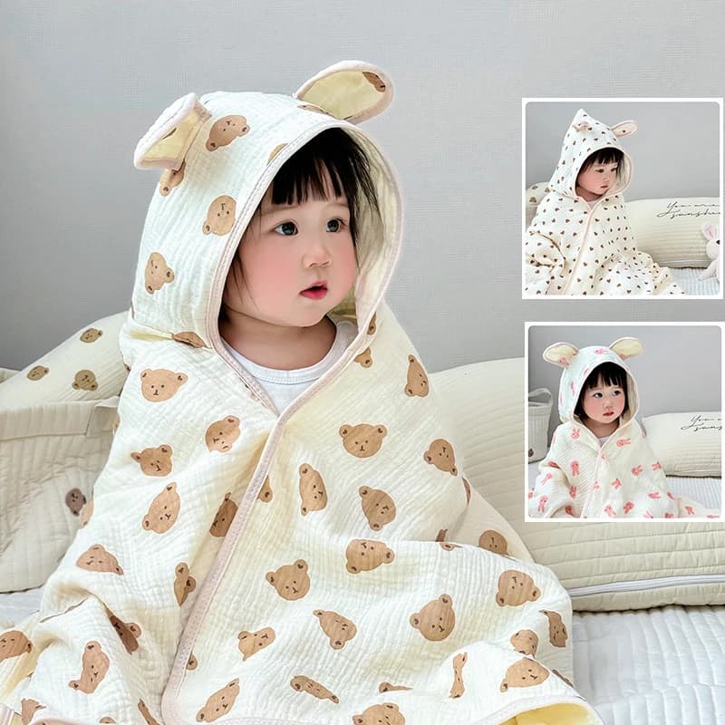 Kids Bathroom Towel 4-layer gauze cotton towel with hat Soft towel for children with hood for four seasons