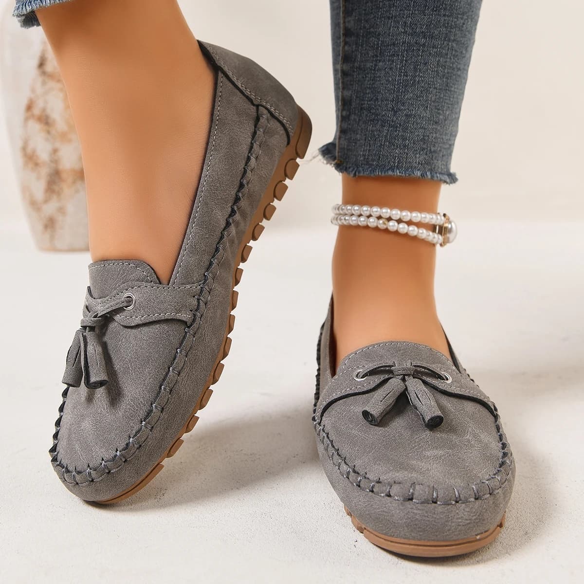 Scarpe basse da donna, scarpe mocassino con nappe, comode scarpe casual nude da donna, mocassini da pendolarismo in quattro stagioni da donna