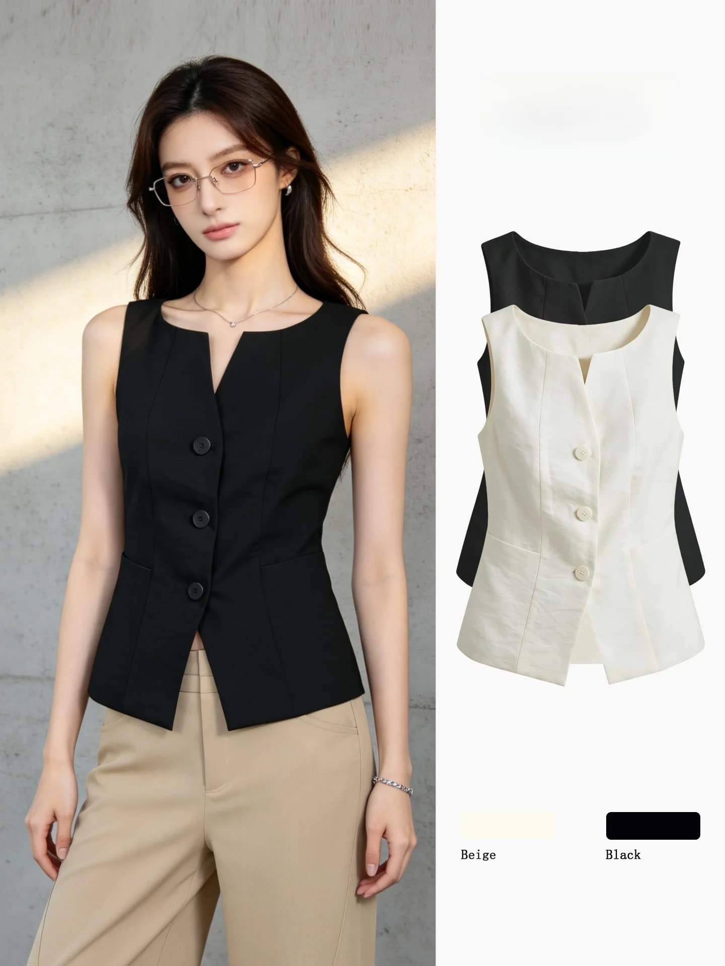Elegant Summer New Style Women's Sleeveless Slim Fit Silk Vest Outerwear Suit Jacket Short Length V-Neck Color Top