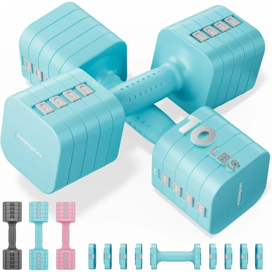 Set di manubri regolabili 5 in 1, pesi per le donne da 10 libbre ciascuna, set di manubri doppia stabile con regolazione 1s per palestra domestica da donna e