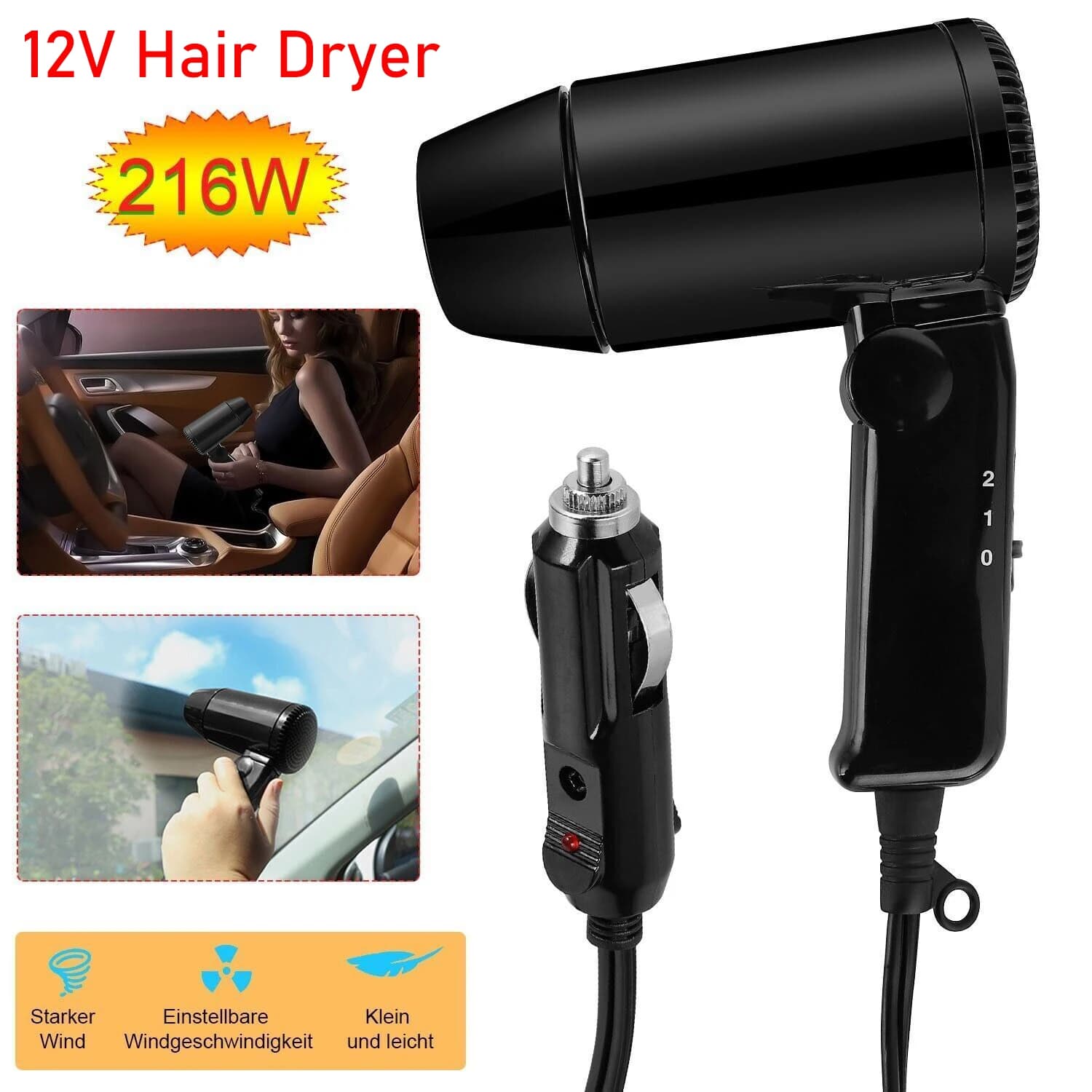 Festival di viaggio pieghevole compatto 12V e campeggio portatile in asciugacapelli per auto Nero Altre parti e accessori per veicoli