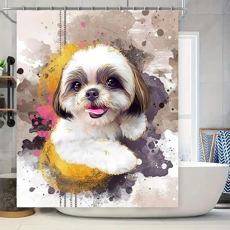 Pittura a olio di lusso Stampa cane Tenda da doccia Impermeabile Decorazioni per il bagno Decorazione della casa Lingua rosa Shih Tzu Design Artistico Pet