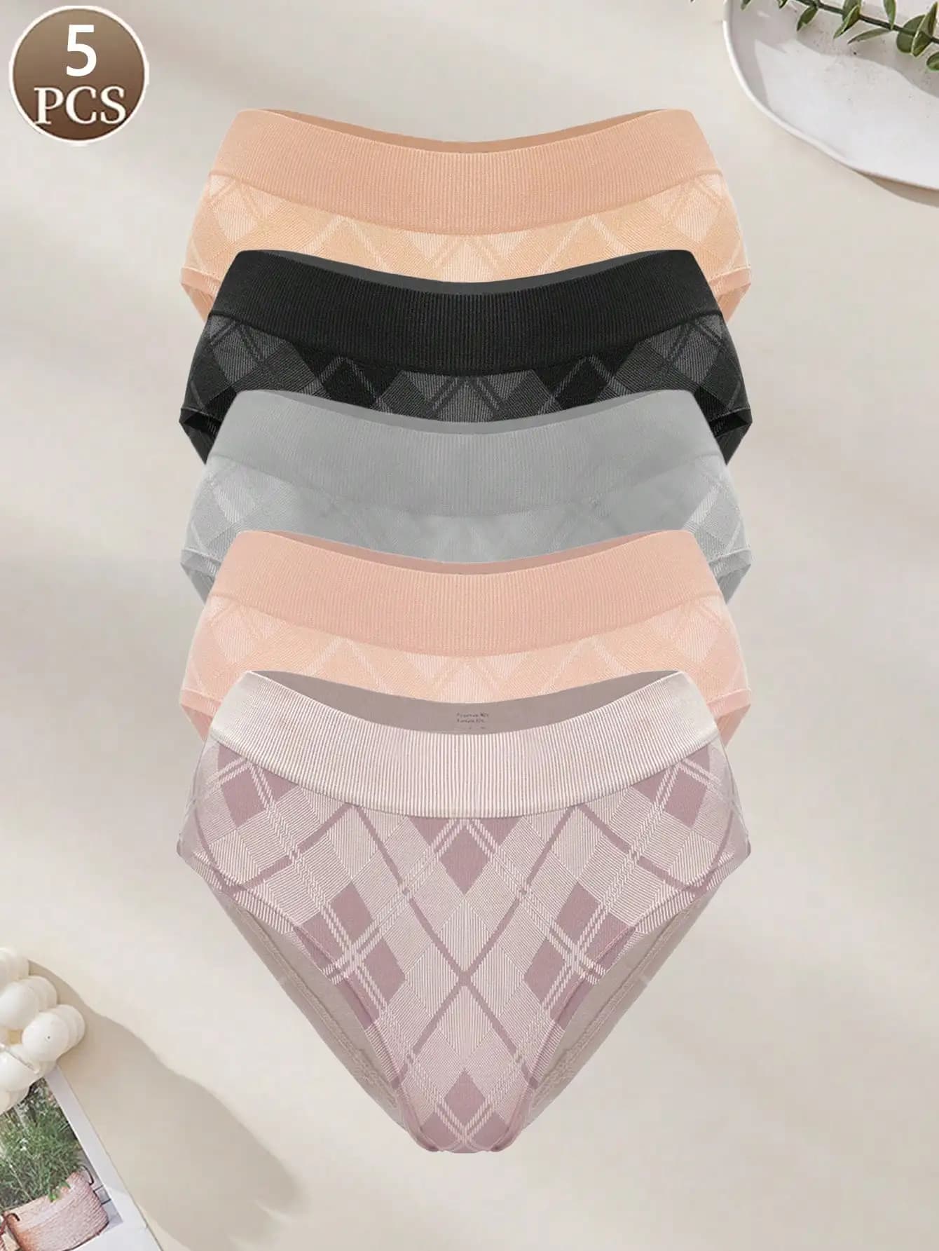 5 pezzi di mutandine da donna alla moda con patchwork a quadri, vita bassa, morbide e confortevoli, slip da donna casual e sportivi