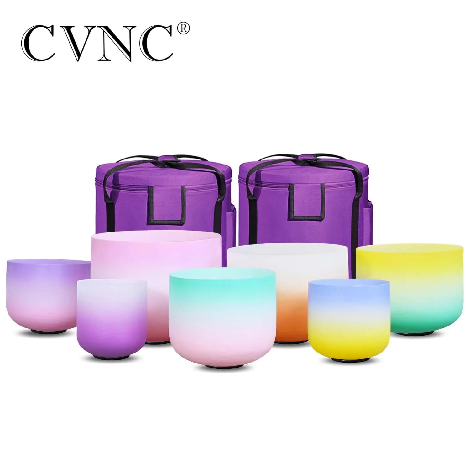 CVNC 6-12" Candy Color Frosted Quartz Crystal Singing Bowls 7pcs 7 Chakra Set for Sound Healing Meditation Yoga with Carry Bags