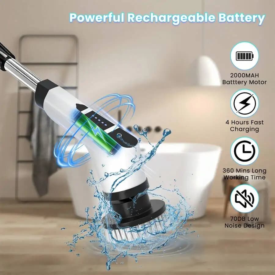 Wireless rotating electric brush with 9 heads, double speed, 2000 mAh battery for bathroom tile cleaning