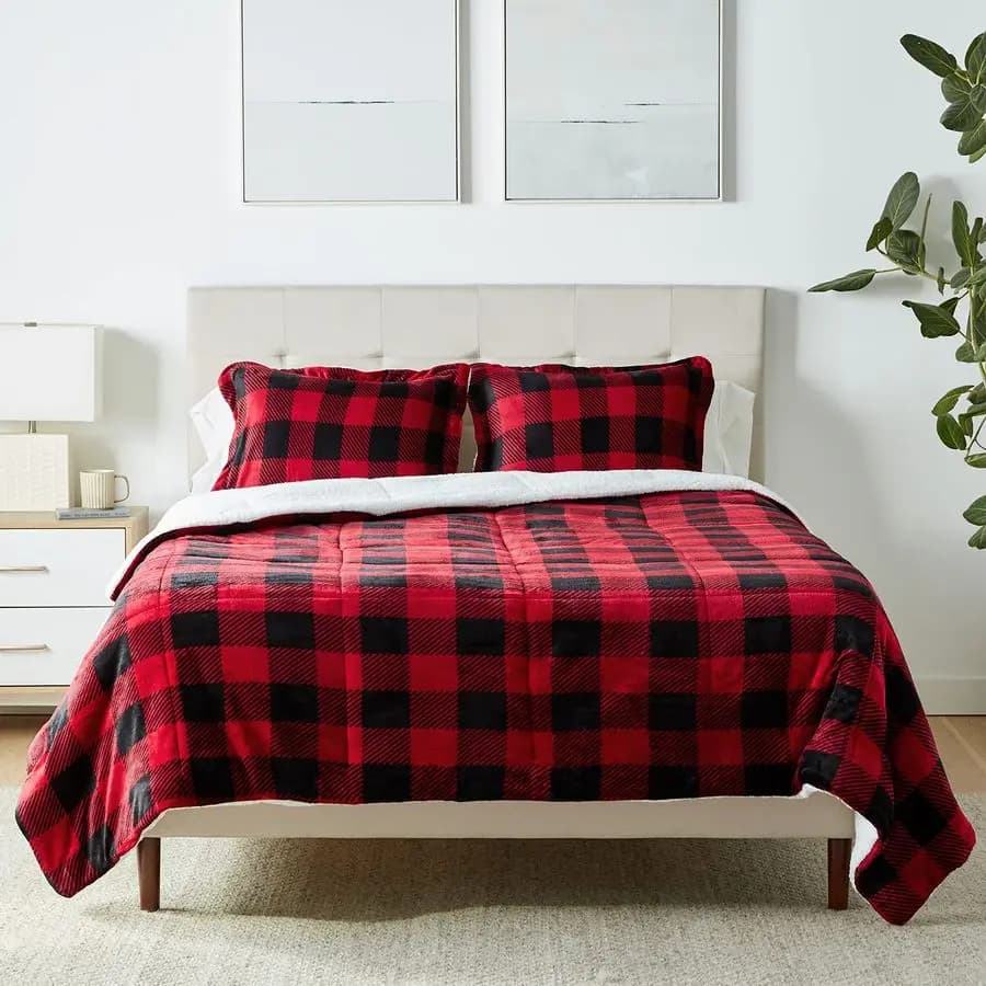 Set biancheria da letto 3 pezzi, Sherpa Micromink, Ultrasoft, Piumino caldo per tutte le stagioni, Full Queen, Plaid rosso bufalo