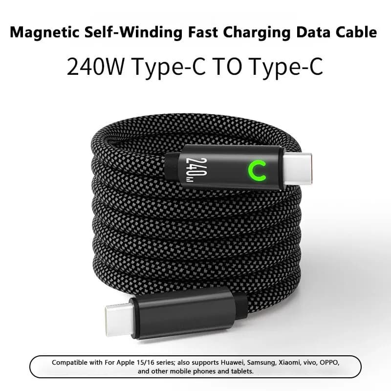 Cavo di Ricarica Super Veloce Dual Type-C 240W 1M/1.5M/2M con Stoccaggio Automatico Completamente Magnetico per Tablet Apple Samsung Huawei