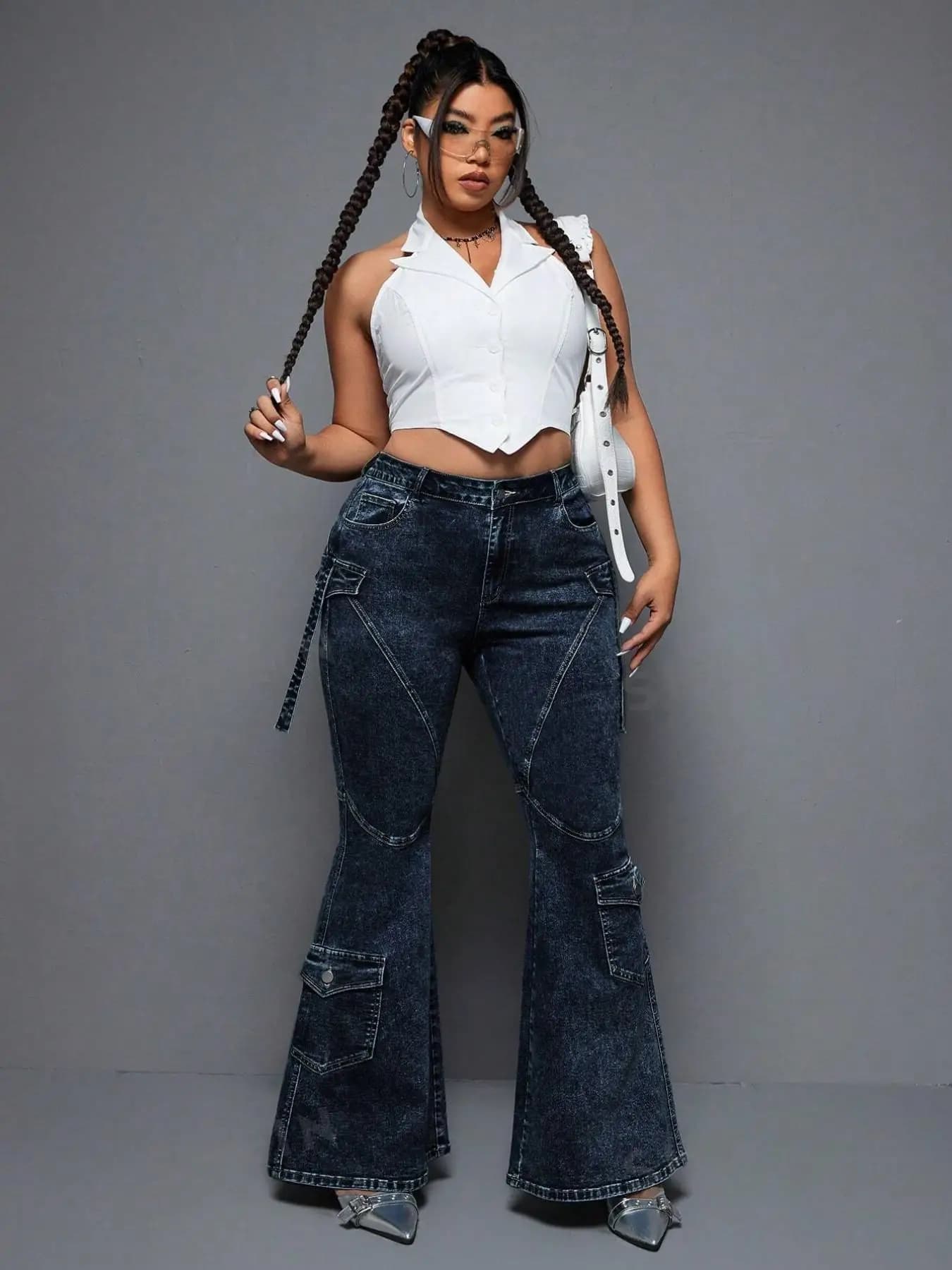 Plus Size Women's Dark Wash Workwear Bell Bottom Jeans, High Waist Multi-Pocket Patchwork Tie Belt, Stylish and Comfortable