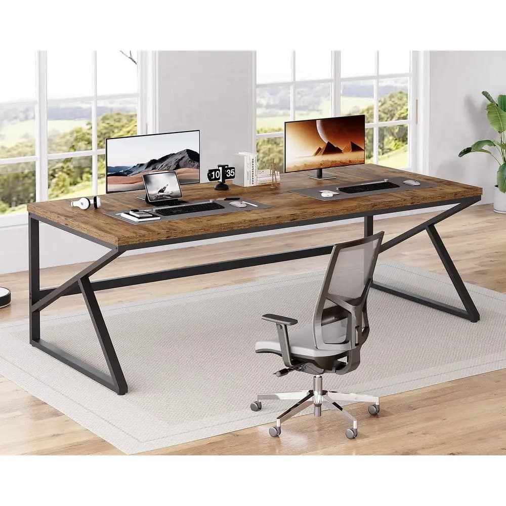 78 Scrivania extra lunga per doppia persona marrone rustico: scrivania direzionale per ufficio domestico in metallo e legno, tavolo da gioco