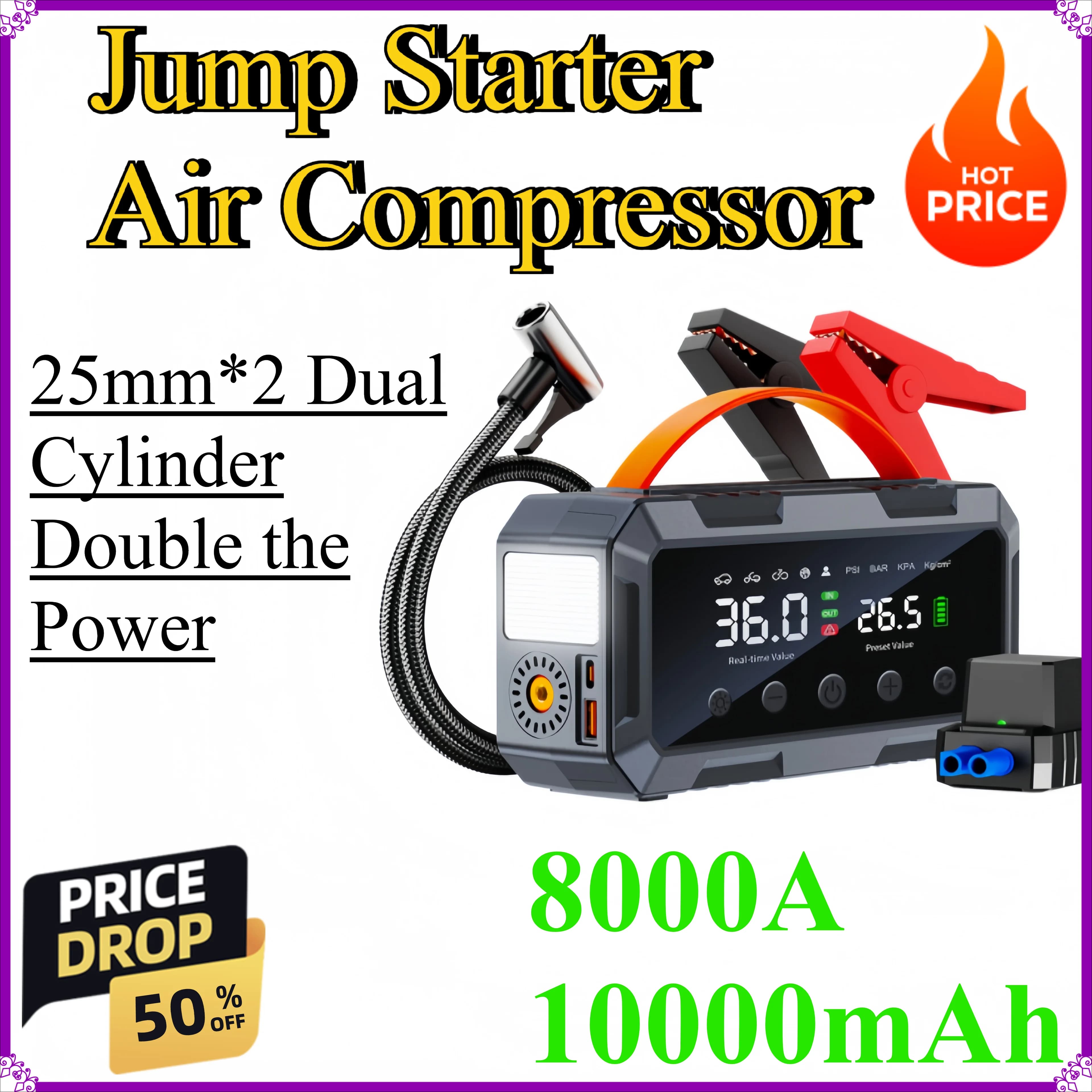Avviatore di emergenza per auto 8000A 10000mAh con pompa ad aria elettrica integrata, dispositivo multifunzione.