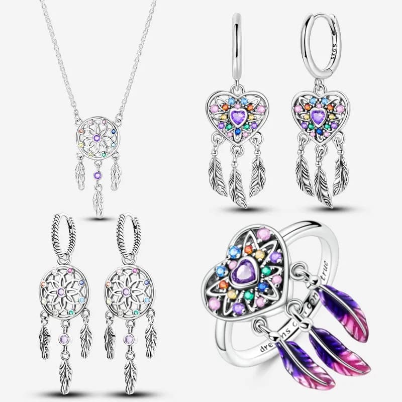 925 silver dreamy heart-shaped dream catcher earrings, necklace, ring three piece set of jewelry suitable for holiday gifts