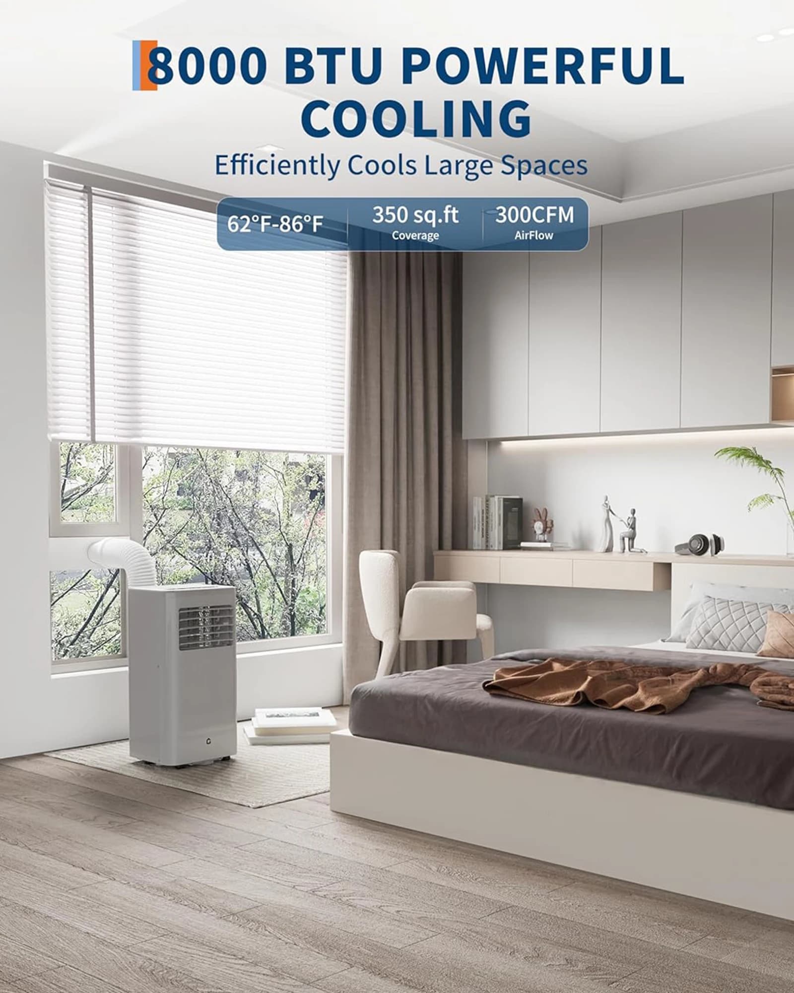 Condizionatore d'aria portatile da 8000 BTU, 3 in 1: raffreddamento/deumidificatore/ventilatore per 350 piedi quadrati, silenzioso 48dB con telecomando e kit per finestra